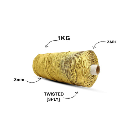 3mm Twisted 3ply Metallic / Zari Cords | Golden | Approx 200- 250 Metres | 1kg Spool