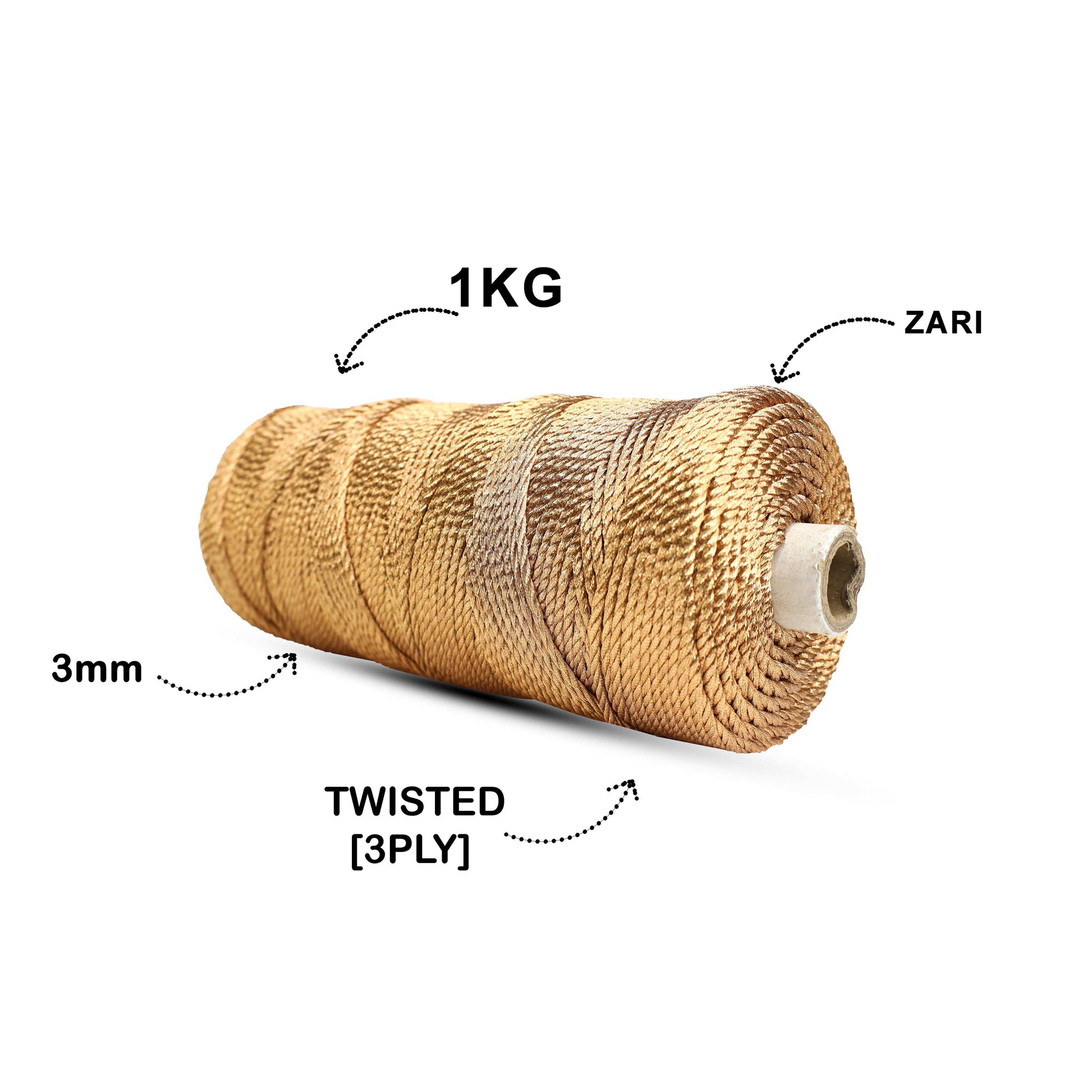 3mm Twisted 3ply Metallic / Zari Cords | Copper | Approx 200 - 250 Metres | 1kg Spool