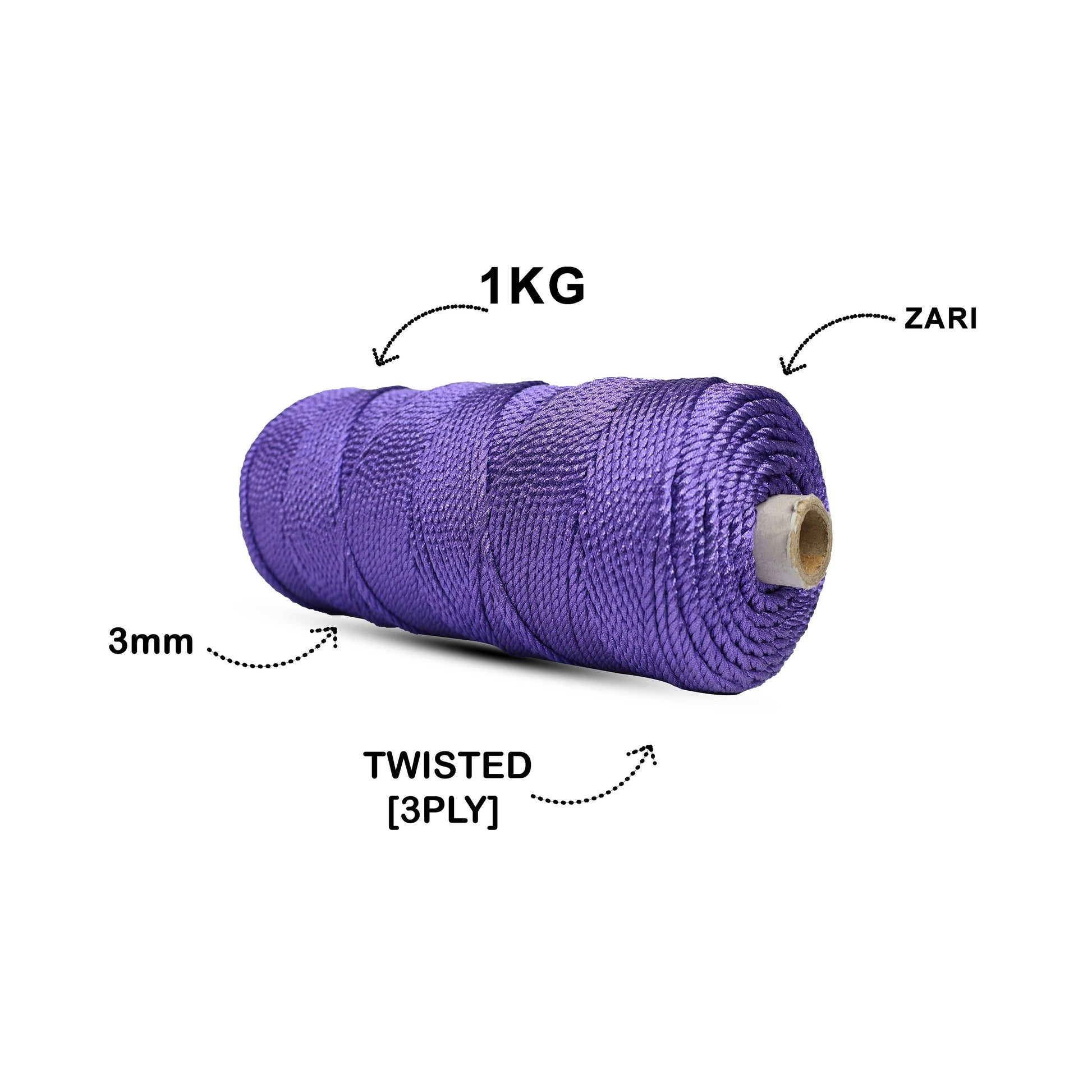 3mm Twisted 3ply Metallic / Zari Cords | Violet | Approx 200 - 250 Metres | 1kg Spool