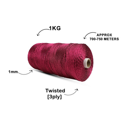 1mm Twisted 3ply Metallic / Zari Cords | Red | Approx 750 - 800 Metres | 1kg Spool