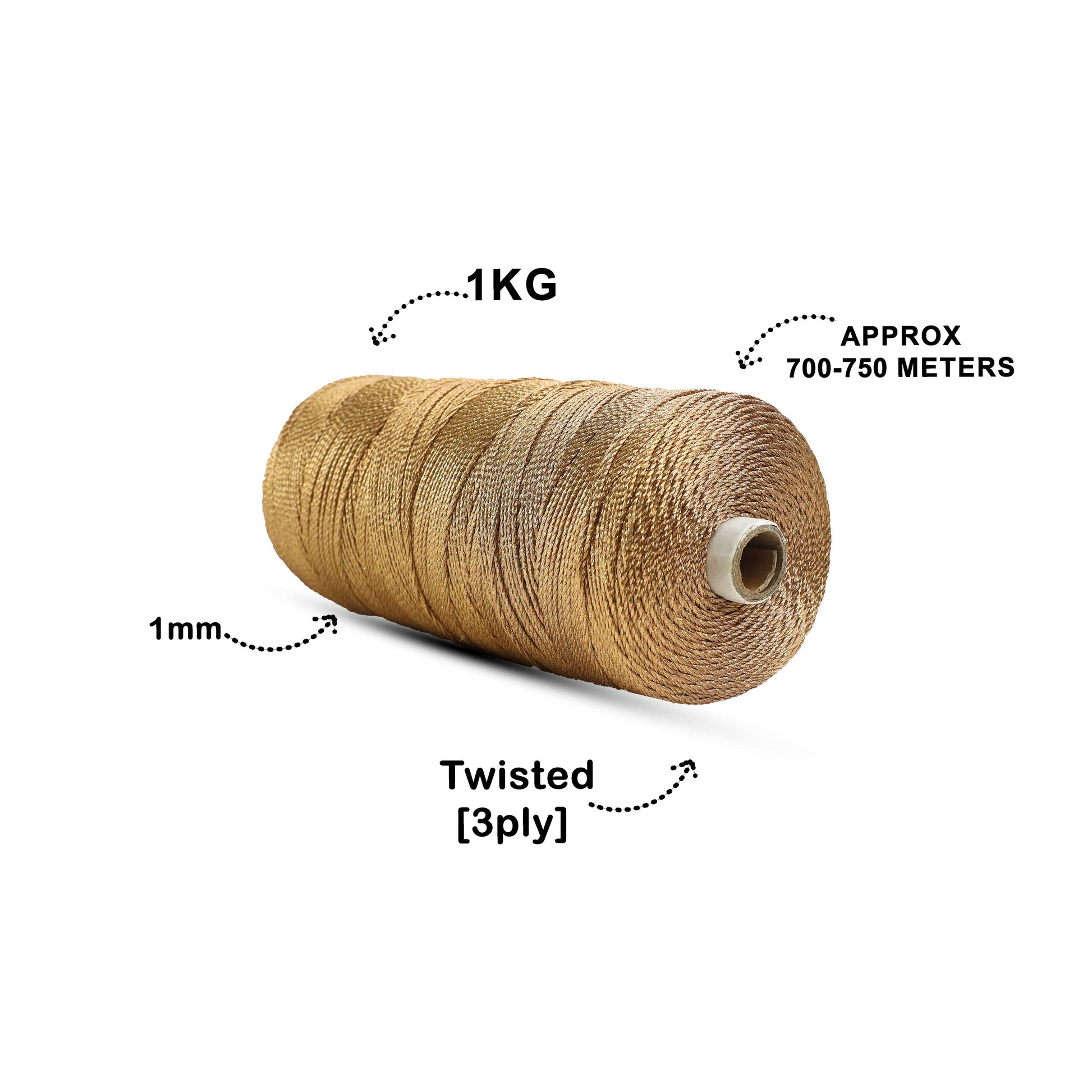 1mm Twisted 3ply Metallic / Zari Cords | Copper | Approx 750 - 800 Metres | 1kg Spool