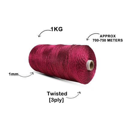 1mm Twisted 3ply Zari Cords | Red | Approx 750 - 800 Metres | 1kg Spool