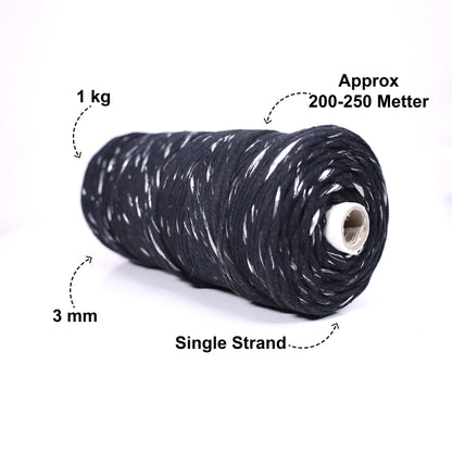 3mm Single | Black+ Silver | Approx 200 - 250 Metres | 1kg Spool | Cotton Infused Zari