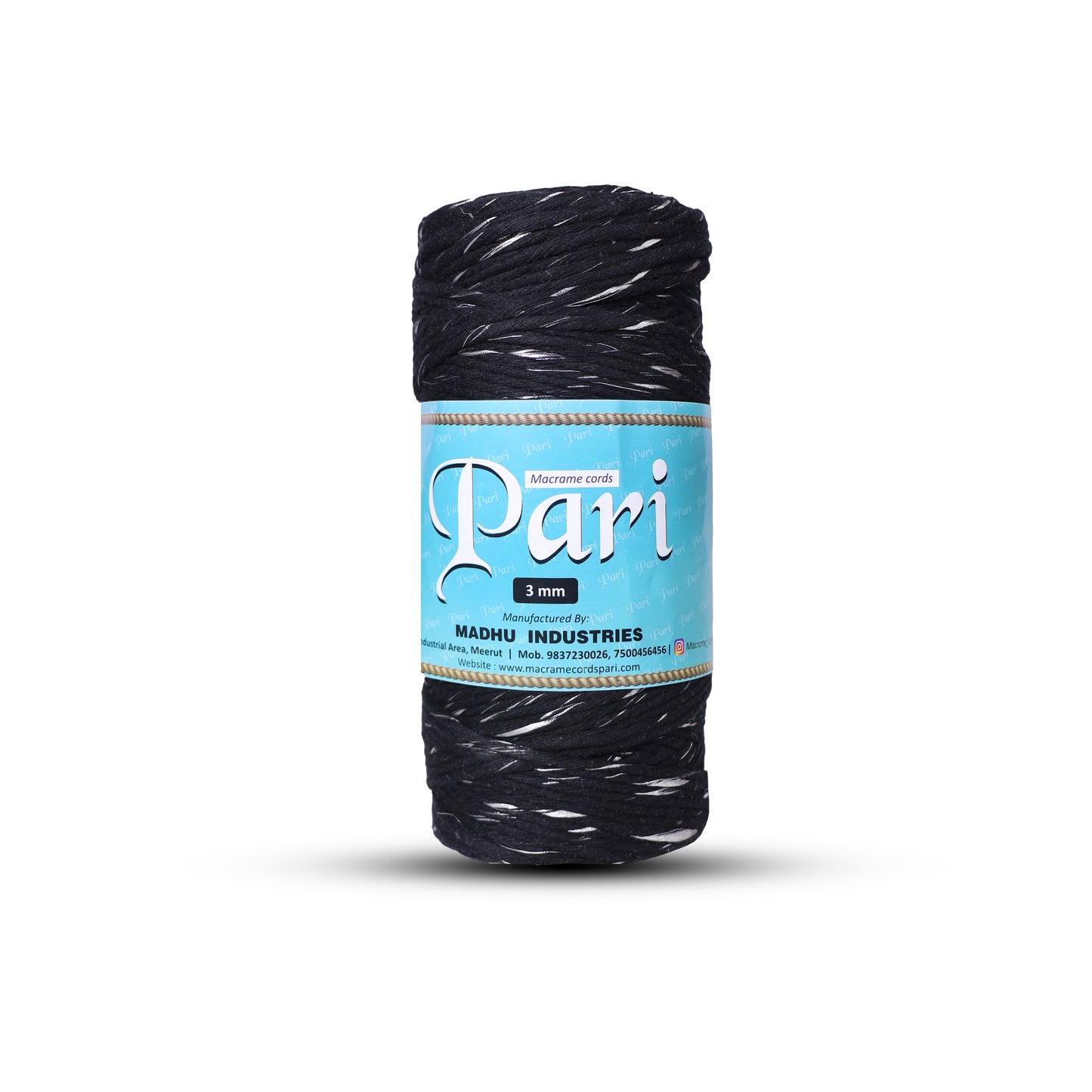 3mm Single | Black+ Silver | Approx 200 - 250 Metres | 1kg Spool | Cotton Infused Zari