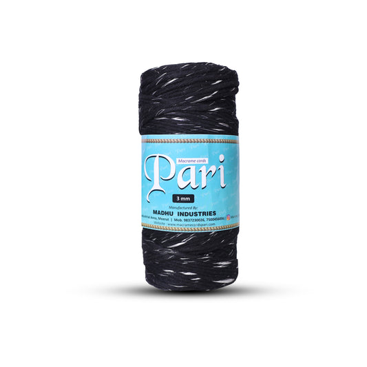 3mm Single | Black+ Silver | Approx 200 - 250 Metres | 1kg Spool | Cotton Infused Zari