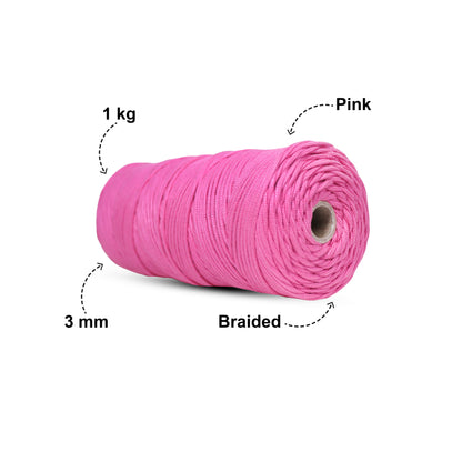 3mm Braided Polyester Outside Cotton Inside | Pink | 200-250 Metres | 1kg Spool