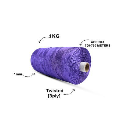 1mm Twisted 3ply Zari Cords | Violet | Approx 750 - 800 Metres | 1kg Spool