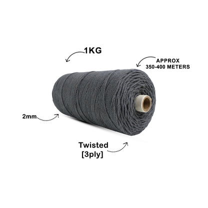 2mm Twisted (3PLY) | Dark Grey | 350-400 Meters | 1Kg Spool | Cotton | No.2