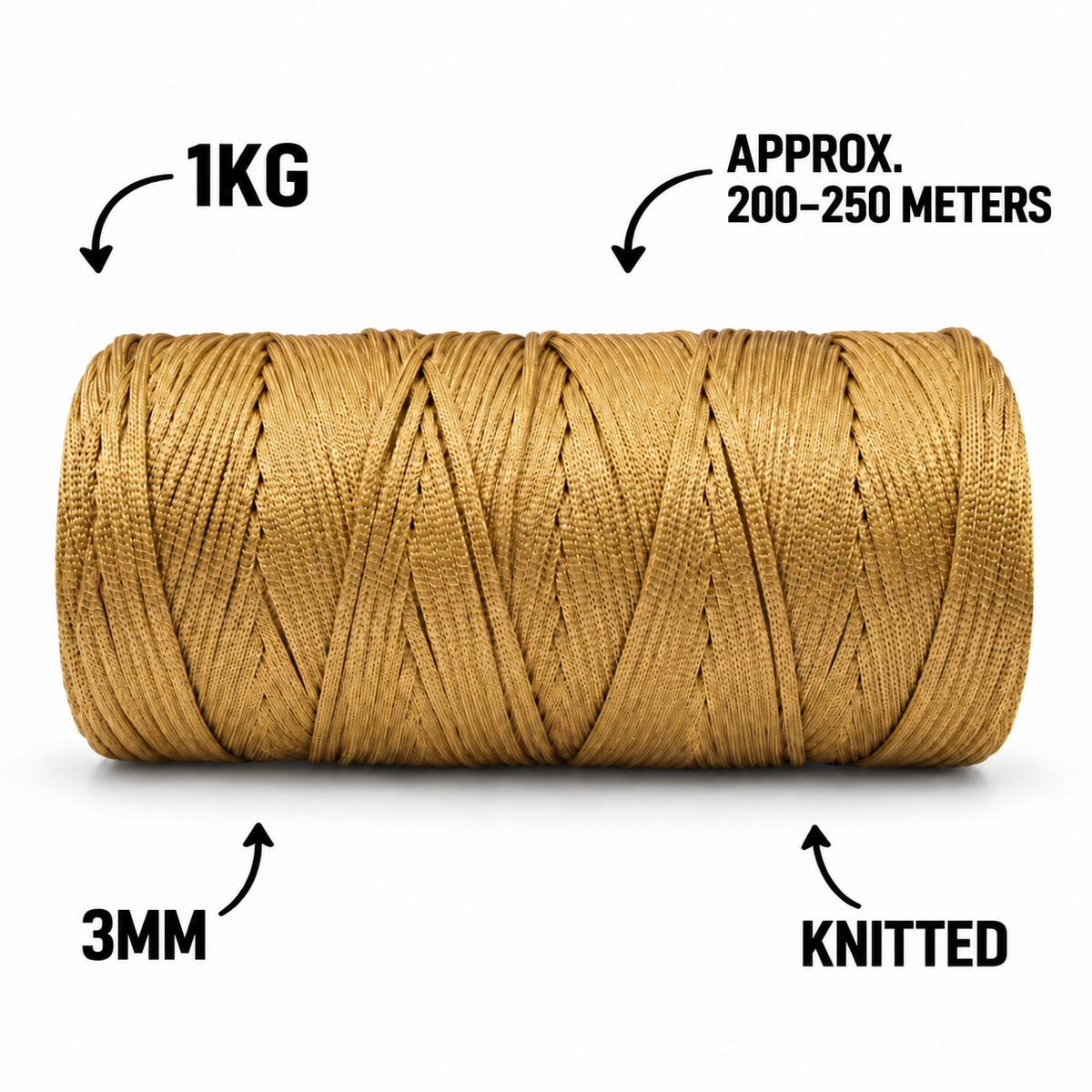 3mm Knitted| Zari Outside Hollow inside| Golden| 200-250 meters| 1Kg
