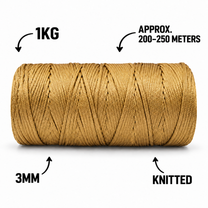 3mm Knitted| Zari Outside Hollow inside| Golden| 200-250 meters| 1Kg