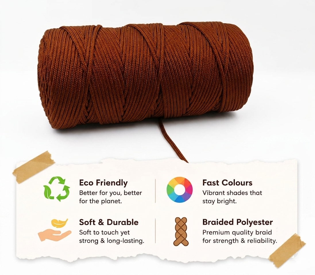 3mm Braided Polyester Outside Cotton Inside | Chocolate | 200-250 Meters | 1Kg Spool