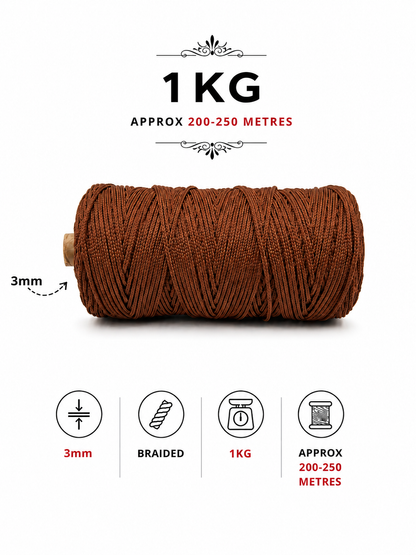 3mm Braided Polyester Outside Cotton Inside | Chocolate | 200-250 Meters | 1Kg Spool