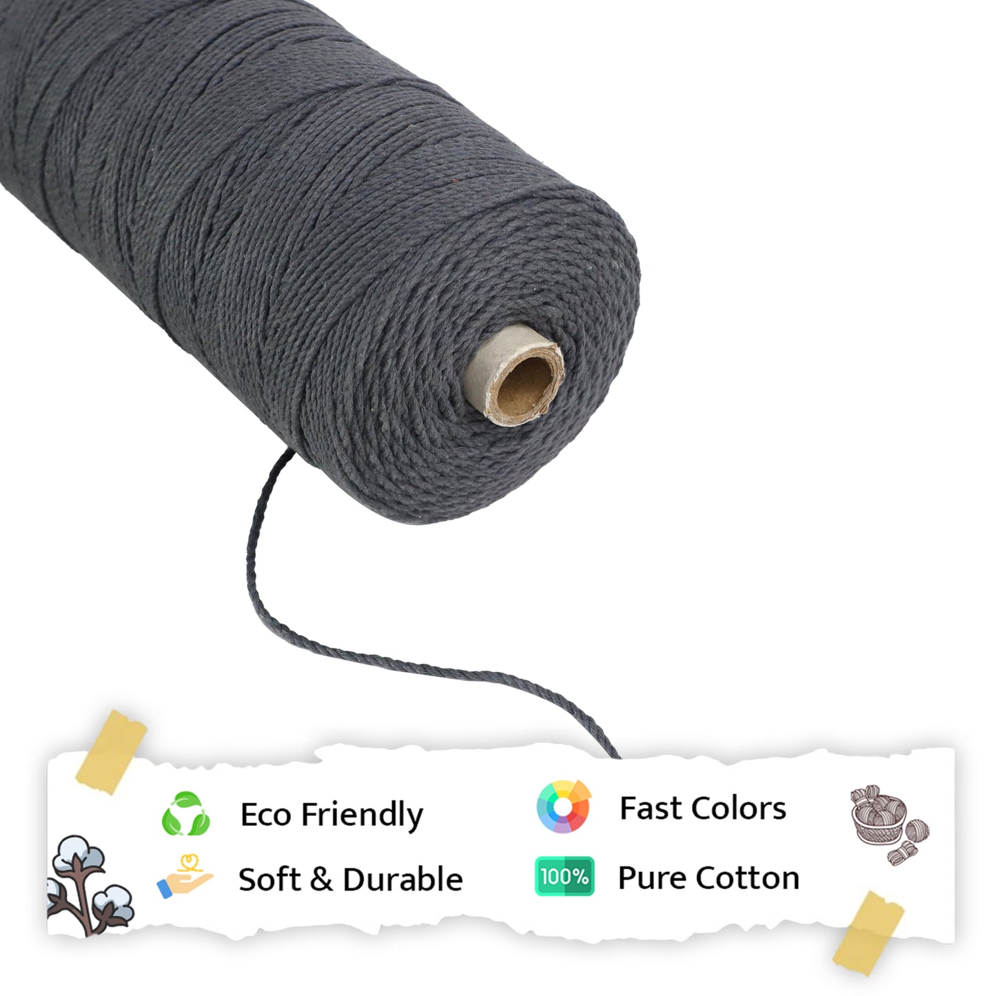 2mm Twisted (3PLY) | Dark Grey | 350-400 Meters | 1Kg Spool | Cotton | No.2