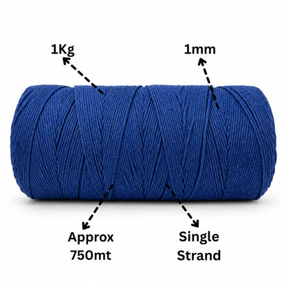 1mm Single Strand | Royal Blue | 750 Metres | 1kg Spool | Cotton | No 20