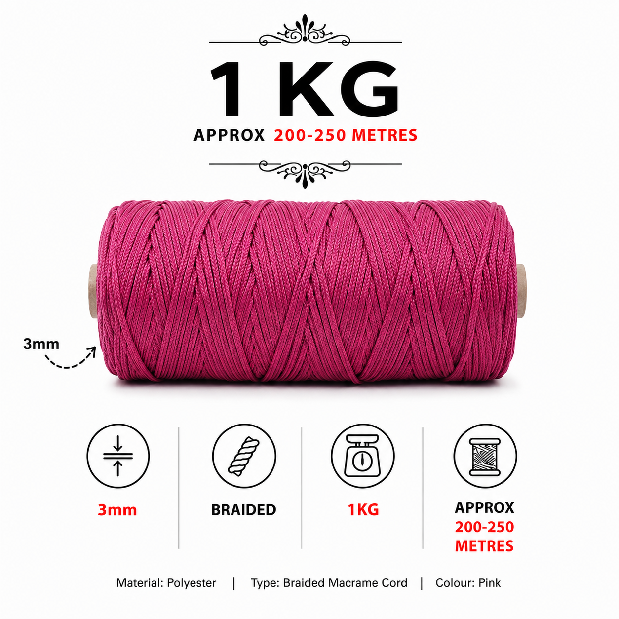 2mm Braided Polyester Outside Cotton Inside |Hot pink| 200-250 meters 1Kg spool