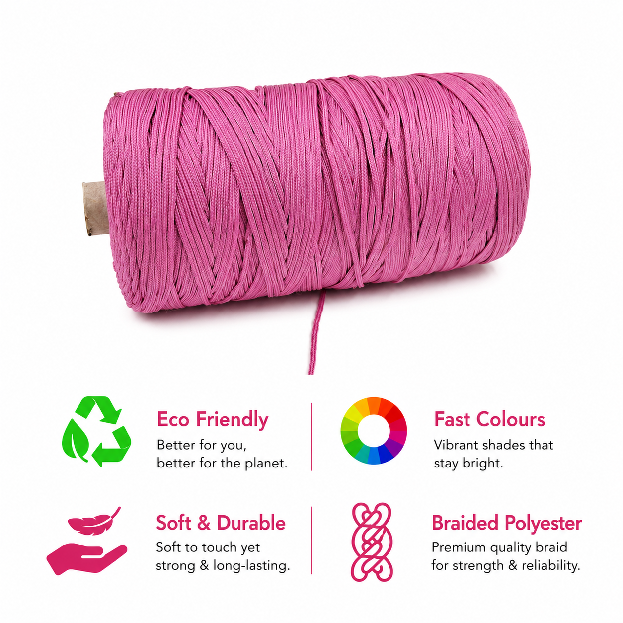 2mm Braided Polyester outside cotton inside |Pink| 350 Meters 1Kg Spool