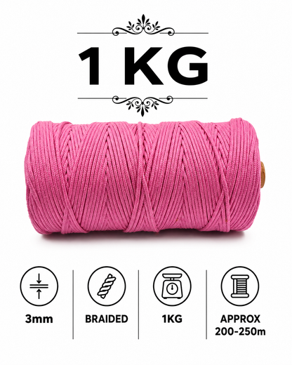 3mm Braided Polyester Outside Cotton Inside | Pink | 200-250 Metres | 1kg Spool