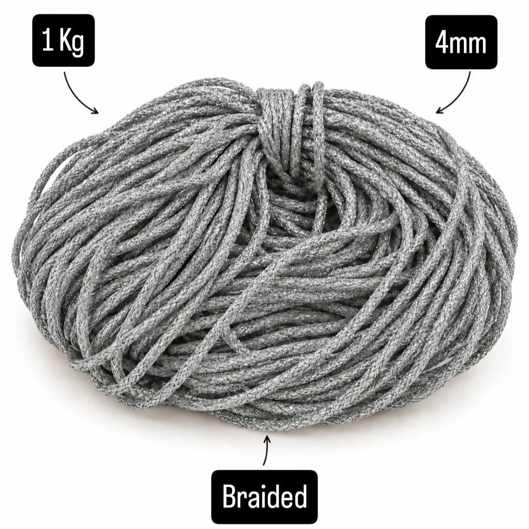 4mm Braided| Glitter Cord| Silver| 1Kg