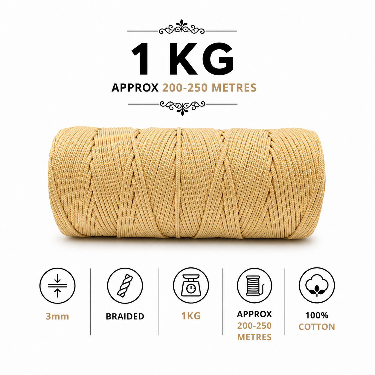 3mm Braided Polyester Outside Cotton Inside |Beige| 200-250 Meters | 1Kg