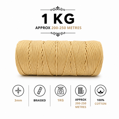 3mm Braided Polyester Outside Cotton Inside |Beige| 200-250 Meters | 1Kg