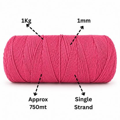 1mm Single Strand | Hot Pink | 750 Metres | 1kg Spool | Cotton |No 16