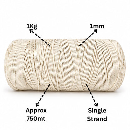 1mm Single Strand | Off White | 750 Metres | 1kg Spool | Cotton |No 04