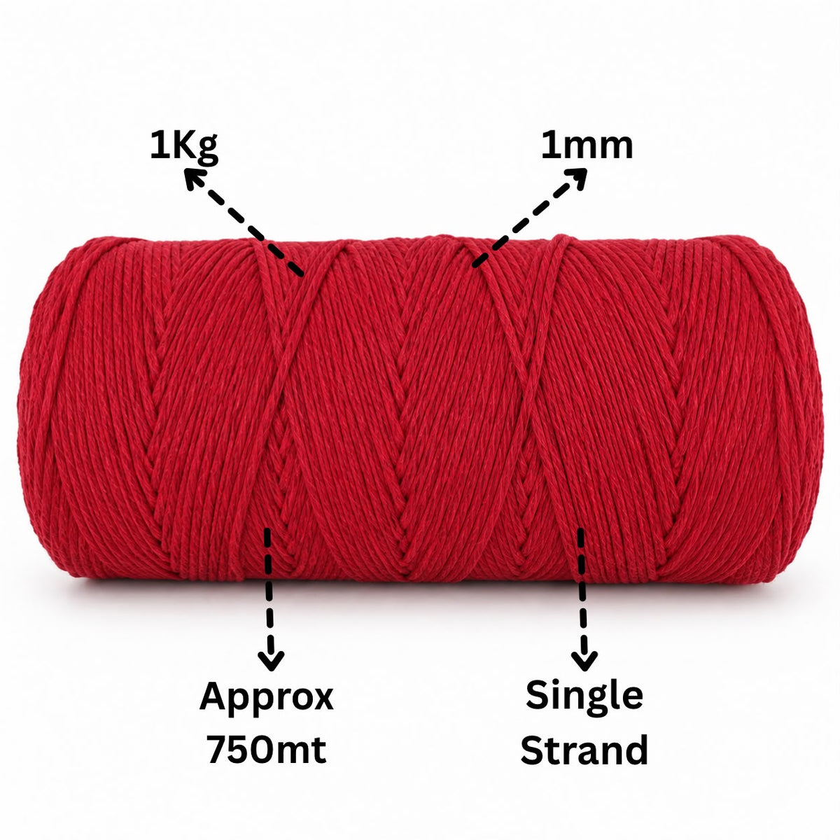 1mm Single Strand | Red | 750 Metres | 1kg Spool | Cotton | No 15