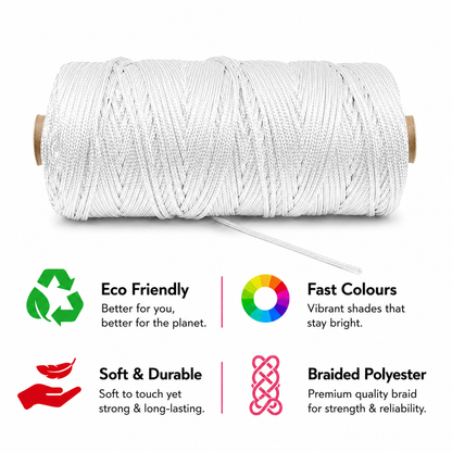 3mm Braided Polyester outside cotton inside |White| 200-250 Meters | 1Kg Spool