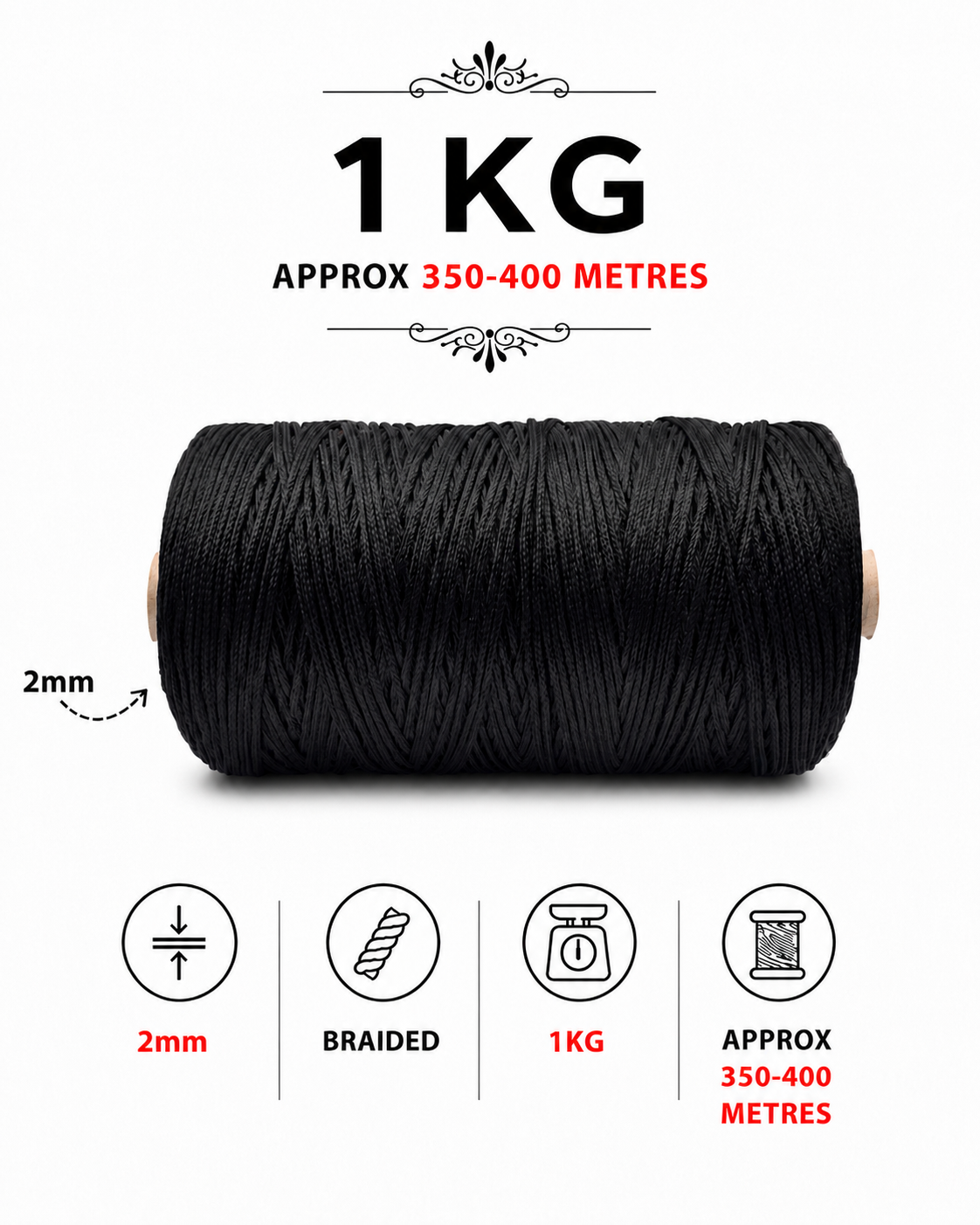 2mm Braided Polyester Cords |Black| 350 Meters 1Kg Spool