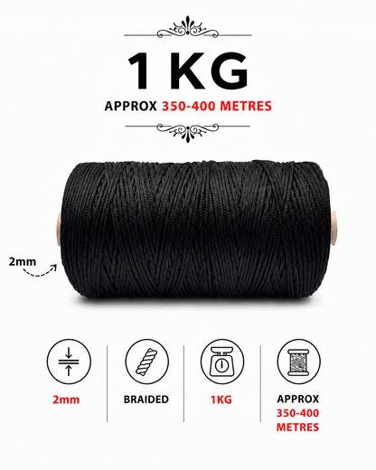 2mm Braided Polyester Cords |Black| 350 Meters 1Kg Spool