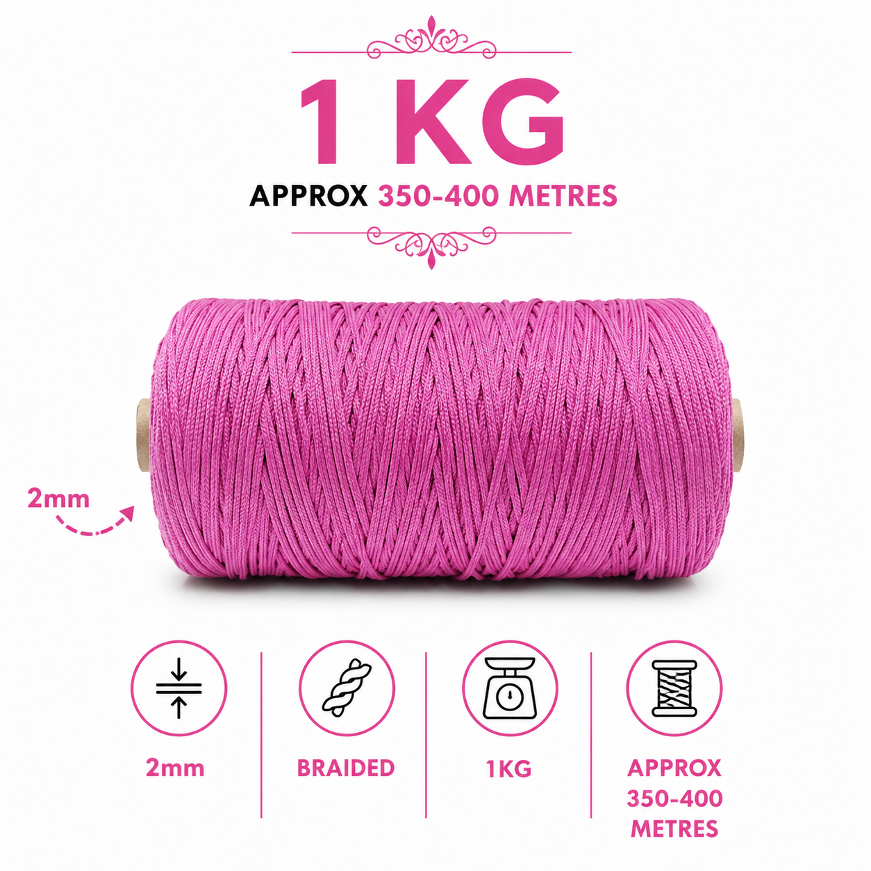 2mm Braided Polyester outside cotton inside |Pink| 350 Meters 1Kg Spool