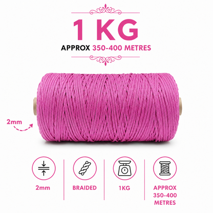 2mm Braided Polyester outside cotton inside |Pink| 350 Meters 1Kg Spool