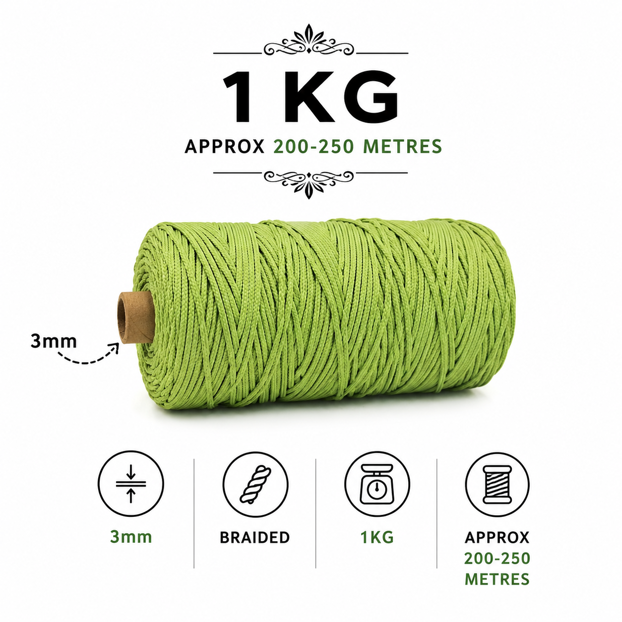 3mm Braided Polyester outside cotton inside |olive green| 200-250 Meters 1Kg Spool