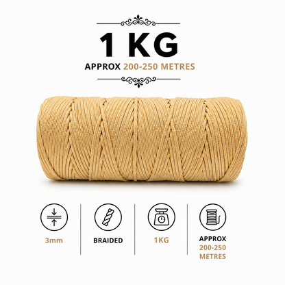 3mm Braided Polyester Outside Cotton Inside |Beige| 200-250 Meters | 1Kg