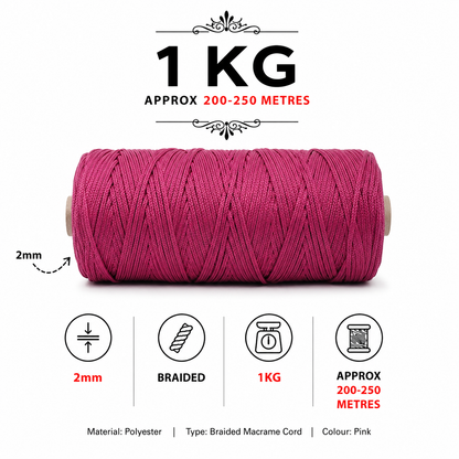 2mm Braided Polyester Outside Cotton Inside |Hot pink| 350-400 meters 1Kg spool