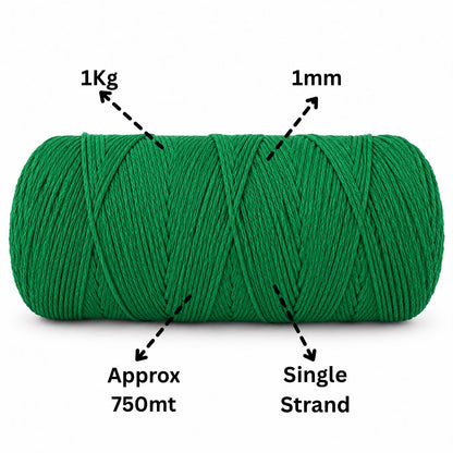 1mm Single Strand | Green | 750 Metres | 1kg Spool | Cotton |No 11