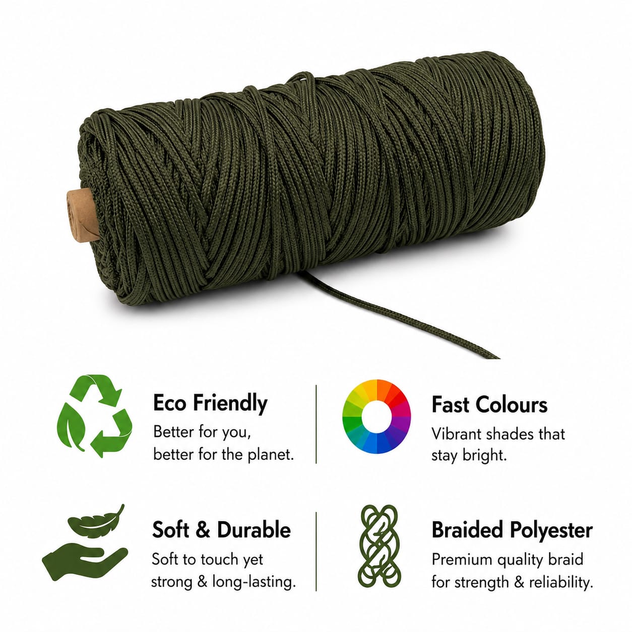 3mm Braided Polyester Outside Cotton Inside | Army Green | 200-250 Meters | 1Kg Spool