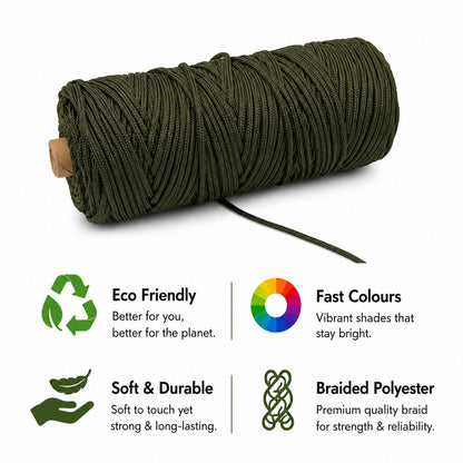 3mm Braided Polyester Outside Cotton Inside | Army Green | 200-250 Meters | 1Kg Spool
