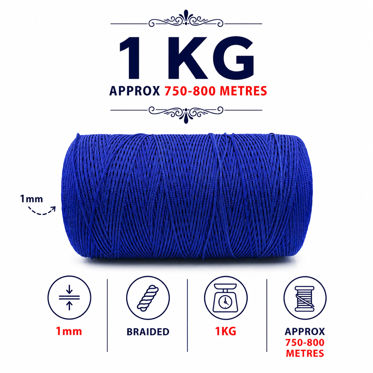 1mm Braided Polyester Outside Cotton Inside |Royal Blue| 750-800 meters| 1Kg