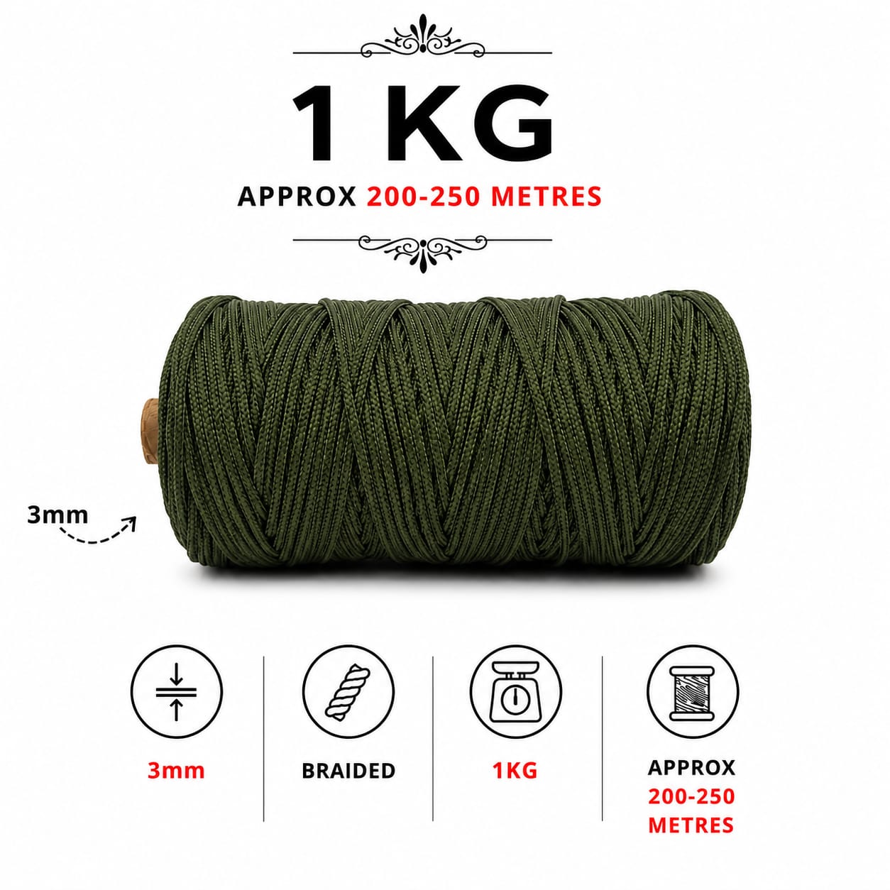 3mm Braided Polyester Outside Cotton Inside | Army Green | 200-250 Meters | 1Kg Spool