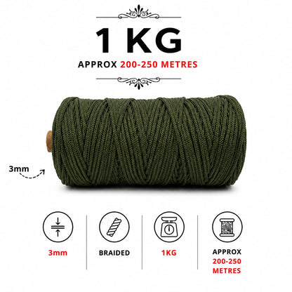 3mm Braided Polyester Outside Cotton Inside | Army Green | 200-250 Meters | 1Kg Spool
