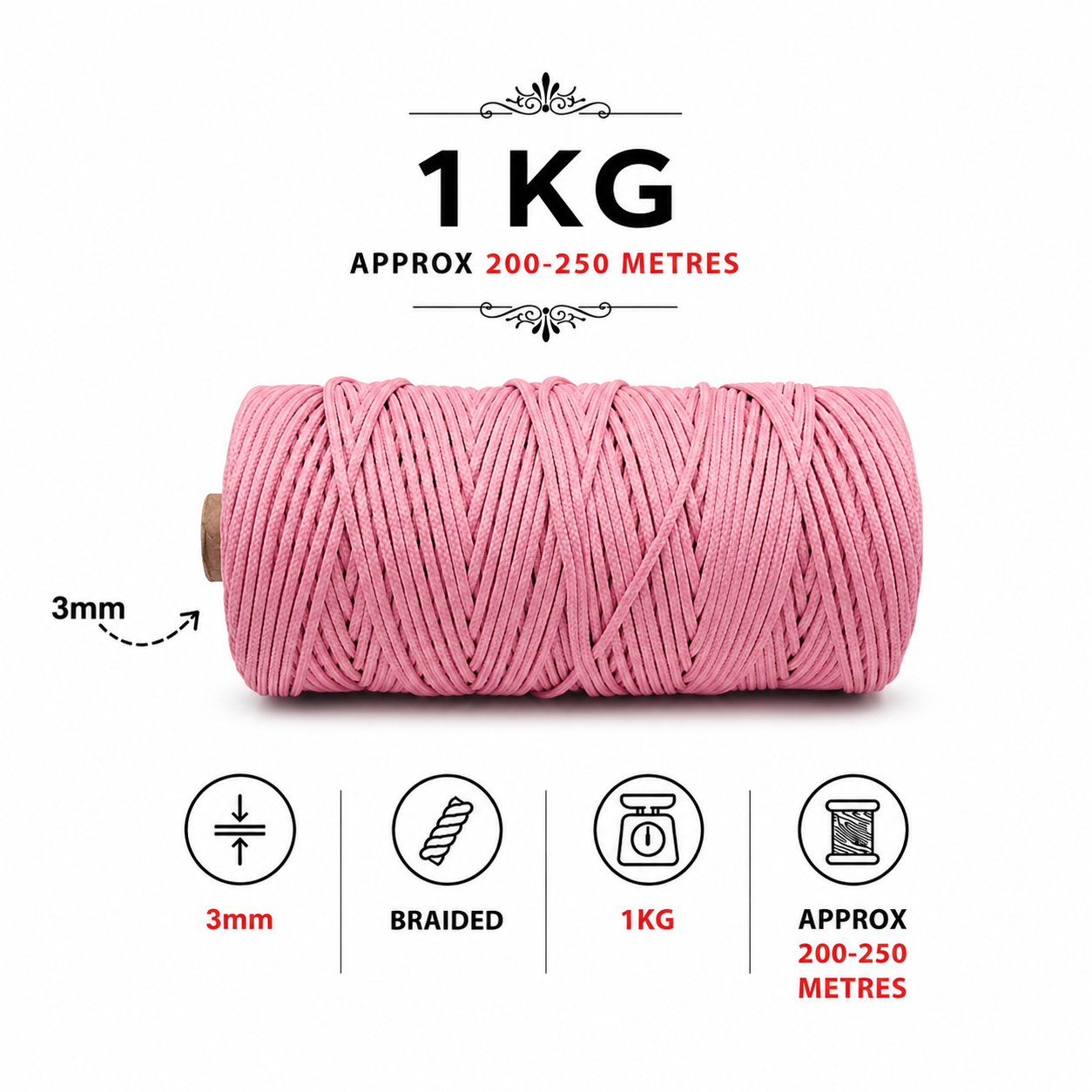 3mm Braided Polyester outside cotton inside |bubblegum pink | 200-250 Meters 1Kg Spool