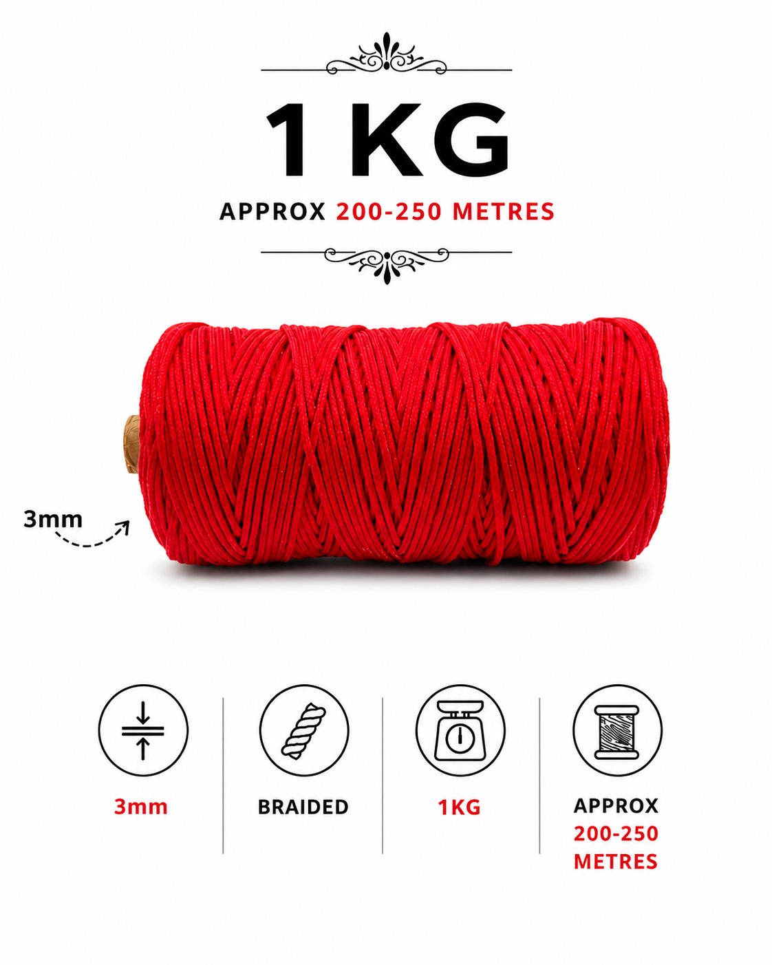 3mm Braided Polyester Outside Cotton Inside | Red | 200-250 Metres | 1kg Spool