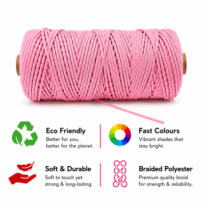 3mm Braided Polyester outside cotton inside |bubblegum pink | 200-250 Meters 1Kg Spool