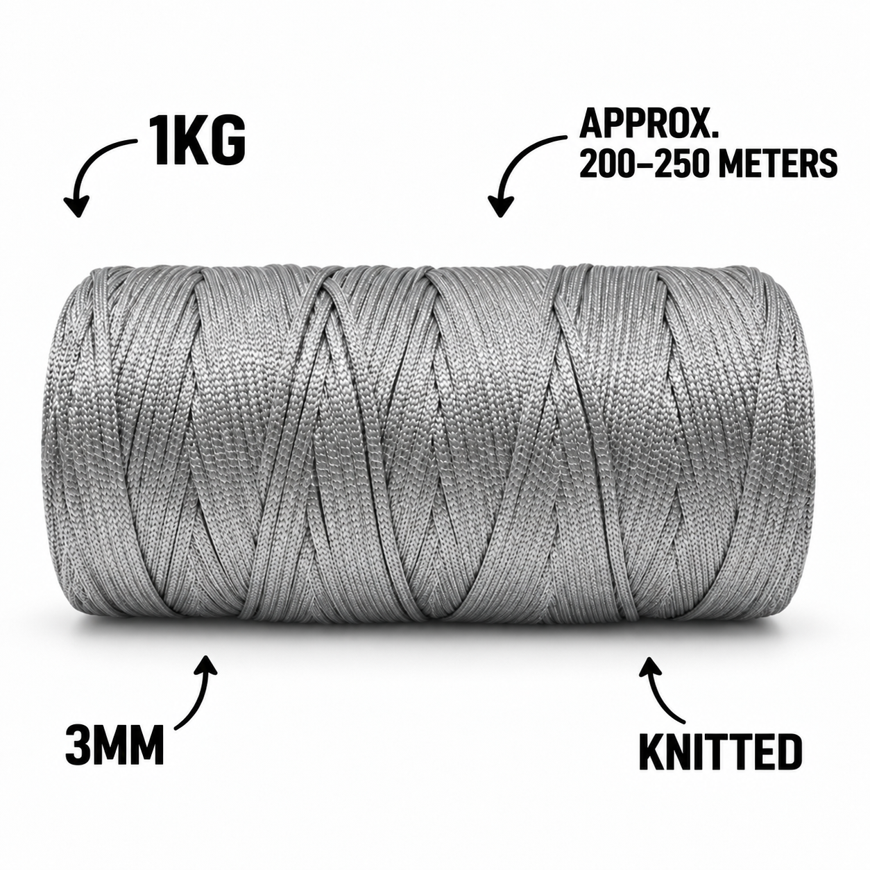 3mm Knitted| Zari Outside Hollow inside| Silver| 200-250 meters| 1Kg