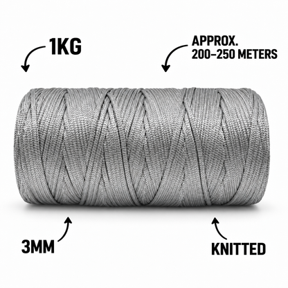 3mm Knitted| Zari Outside Hollow inside| Silver| 200-250 meters| 1Kg