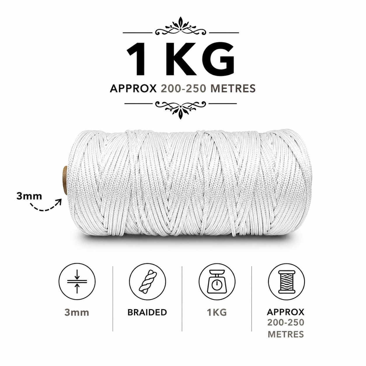3mm Braided Polyester outside cotton inside |White| 200-250 Meters | 1Kg Spool