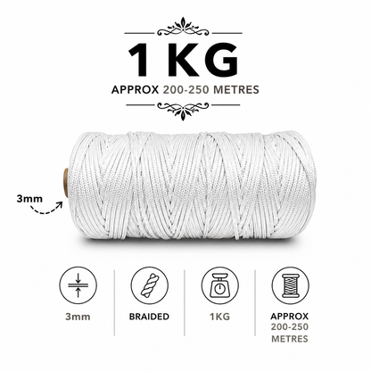3mm Braided Polyester outside cotton inside |White| 200-250 Meters | 1Kg Spool