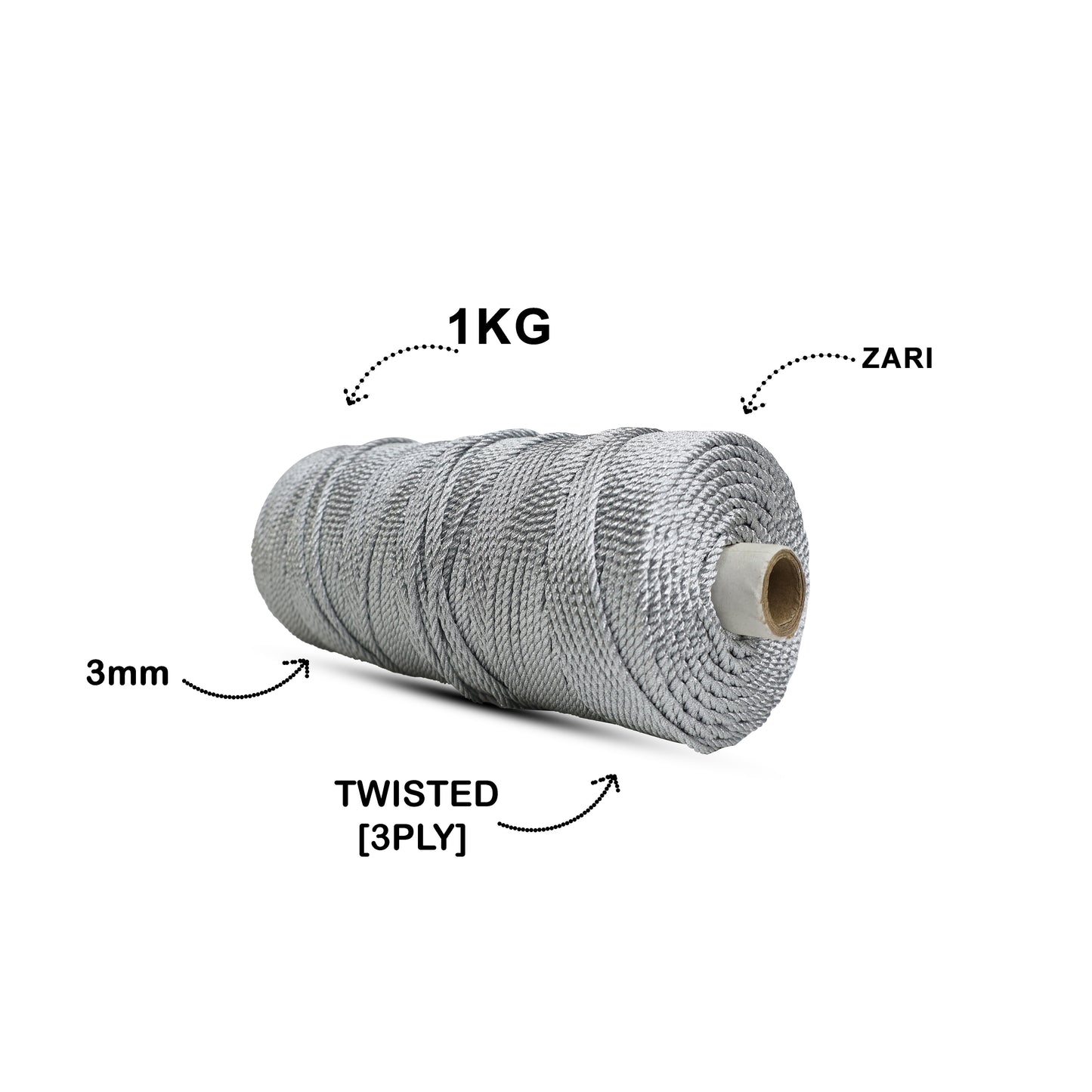 3mm Twisted 3ply Zari Cords | Silver | Approx 200 - 250 Metres | 1kg Spool