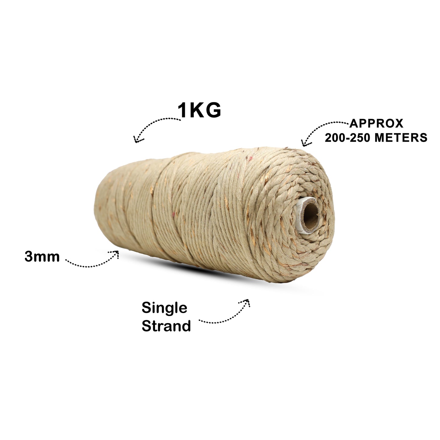 3mm Single | Golden Beige Luxe | Approx 200 - 250 Metres | 1kg Spool | Cotton Infused Zari